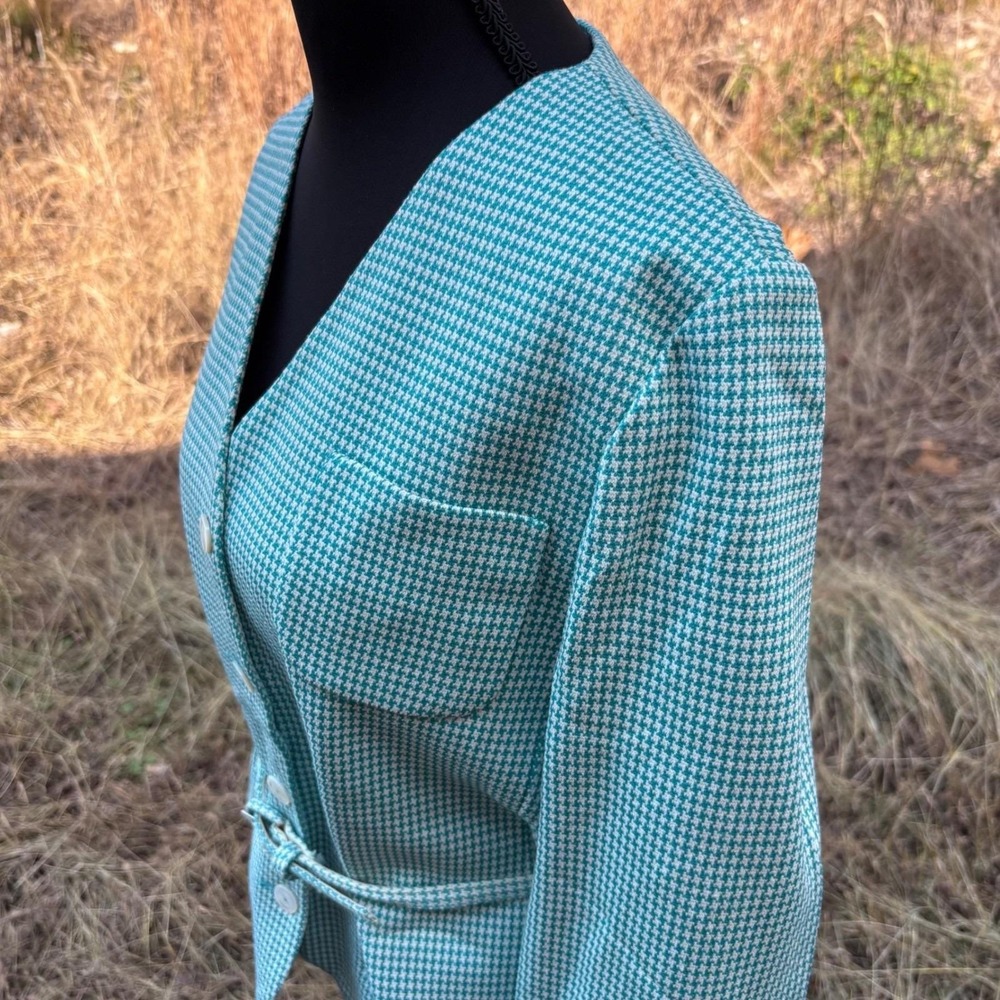 vintage 90s Teal green Houndstooth Belted Blazer office siren career CEO size 10 - Picture 3 of 10
